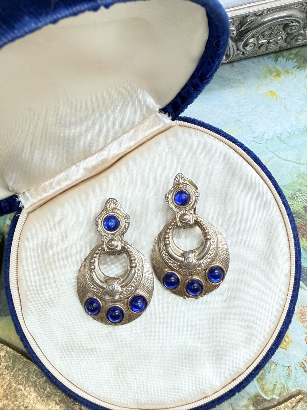 Vintage Blue Door Knocker Clip Earrings